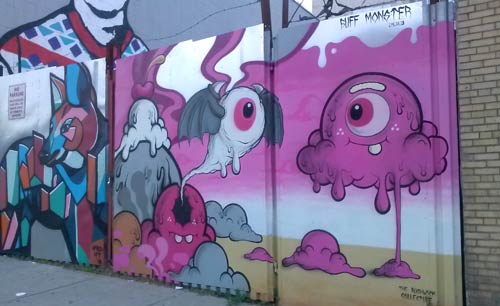 painted artwork of pink monsters