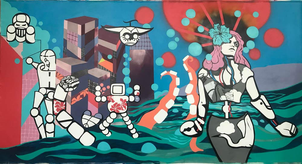 canvas artwork featuring colorful futuristic scene