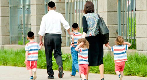Jewish parents and children walking